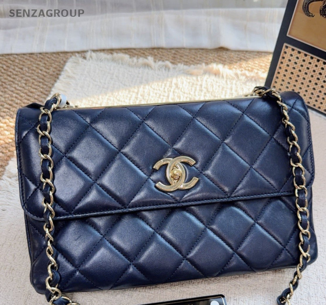 Chanel Trendy CC Chain Shoulder Bag Blue Gold Women Classic Diamond