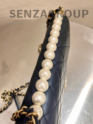 Chanel Classic Flap Blue Gold Pearl Chain Crossbody Bag - Women's Fashion