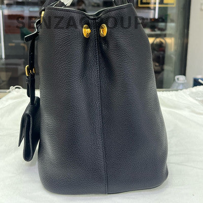 Prada Vitello Leather Black Gold Tote Shoulder Bag Classic Women