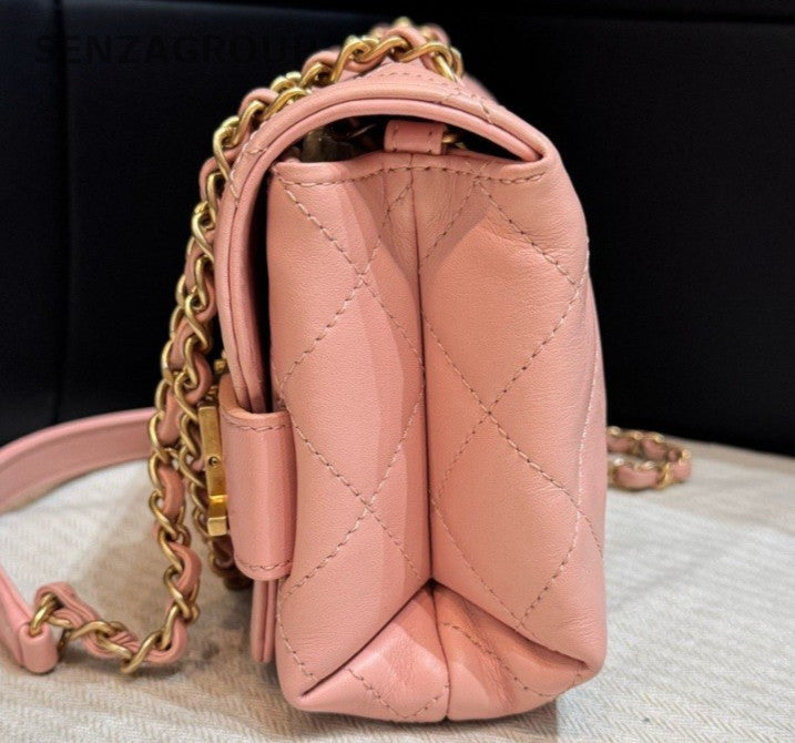 Chanel Calfskin Diamond Chain Shoulder Bag Crossbody Pink Gold Women Classic
