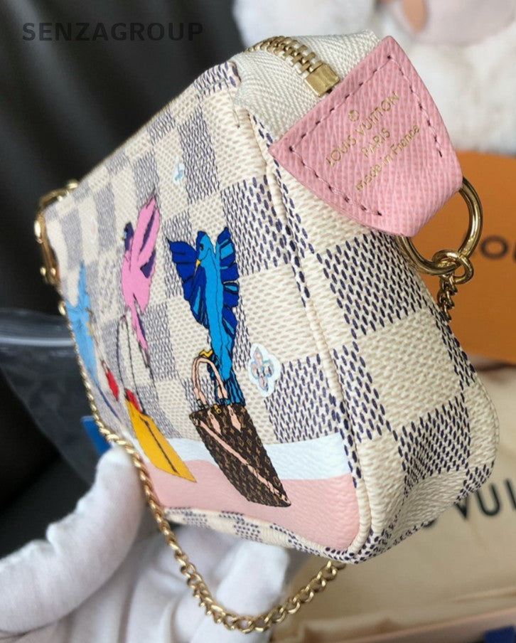 Louis Vuitton Damier Azur Pochette Accessories mini Chain Handbag White Women