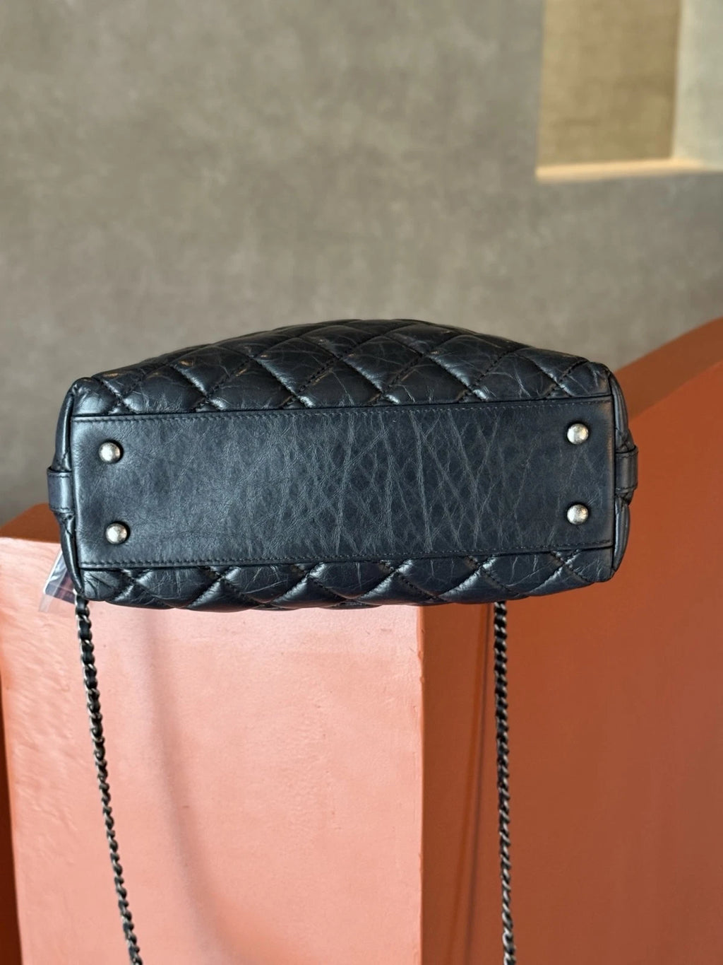 Authentic Chanel Bowling MINI Oil Wax Top Handle Shoulder Bag Black SHD