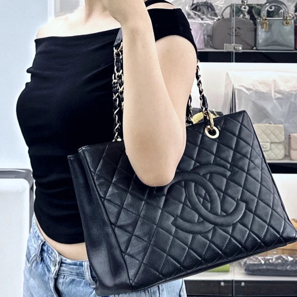 Chanel Grand Shopping Tote MM Calfskin Chain Shoulder Bag Black Women S