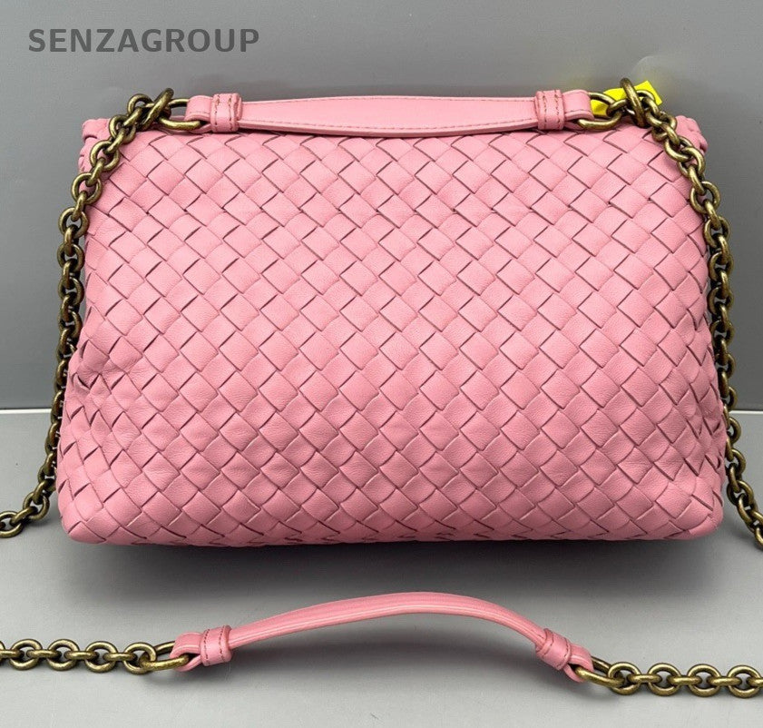 Bottega Veneta Intrecciato Olympia Chain Shoulder Bag Pink Gold Women Classic