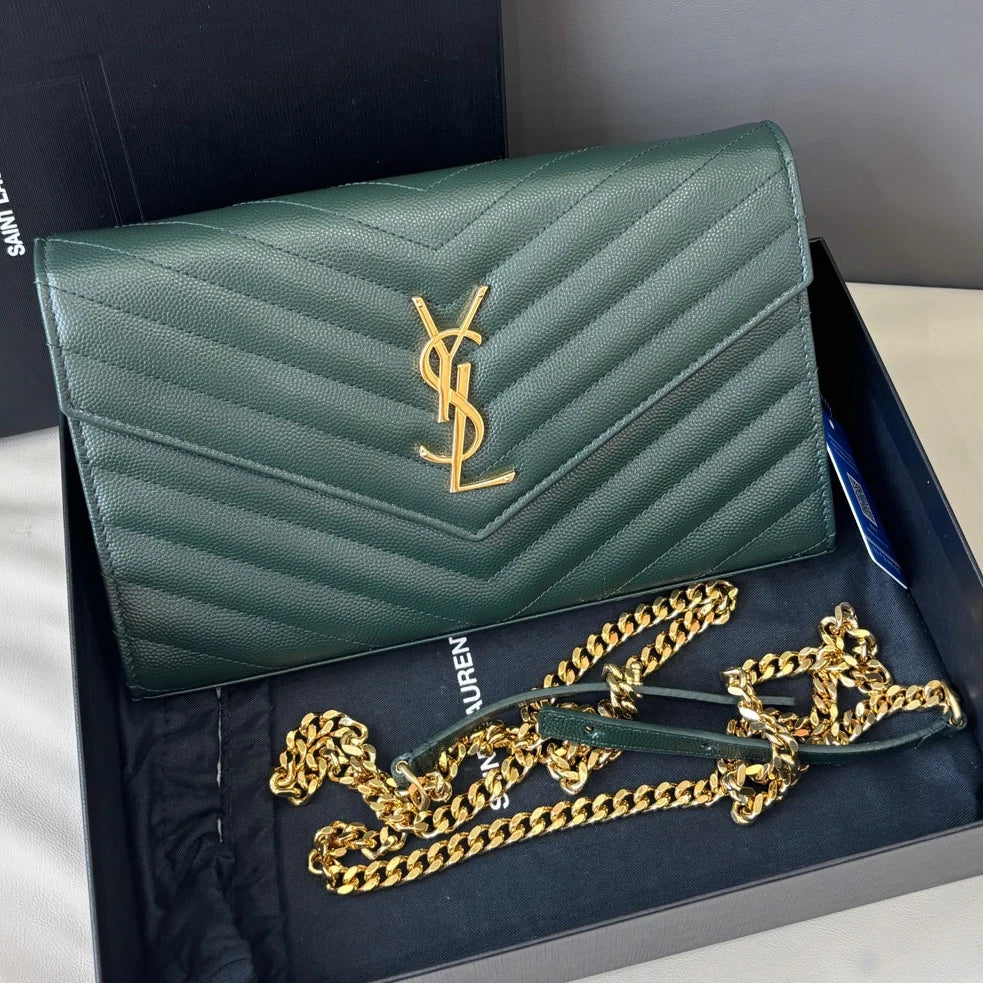 Saint Laurent Kate Chain Shoulder Crossbody Bag Green Gold Hardware Women