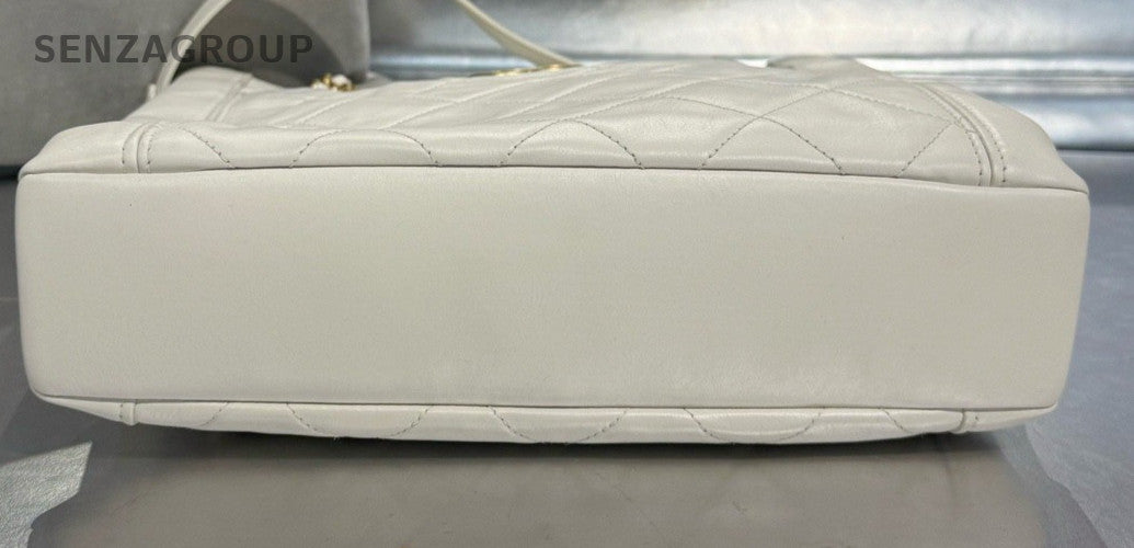 Chanel Calfskin Tote Chain Shoulder Bag White Gold Used Women Diamond Classic