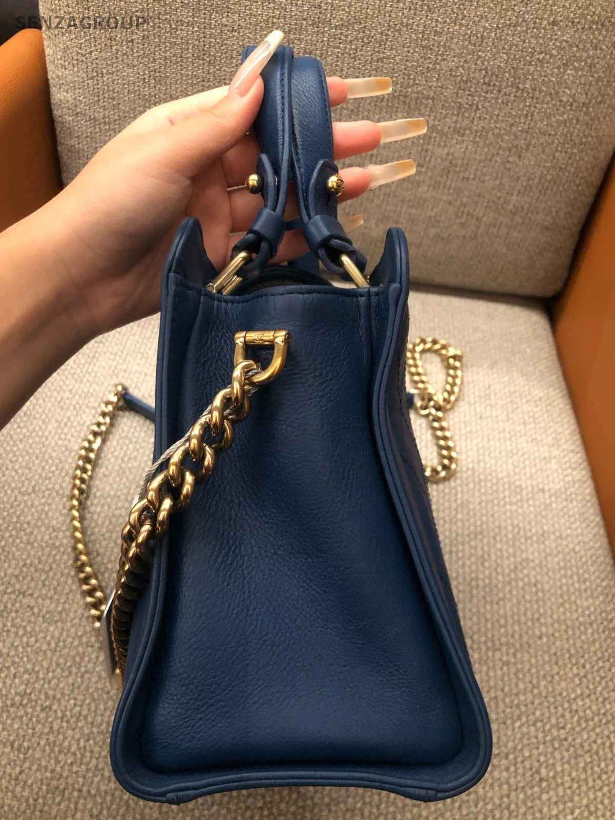 CHANEL Vintage Top Handle Diamond Pattern Handbag Blue Gold Women