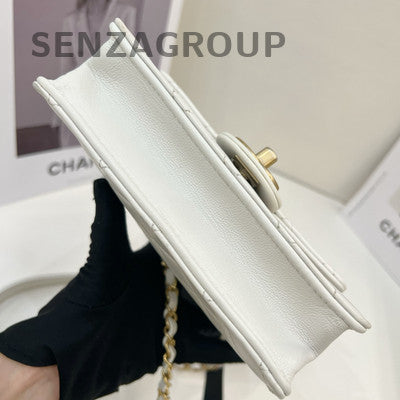 Chanel Classic Flap Vertical Pearl Chain Shoulder Bag White Gold
