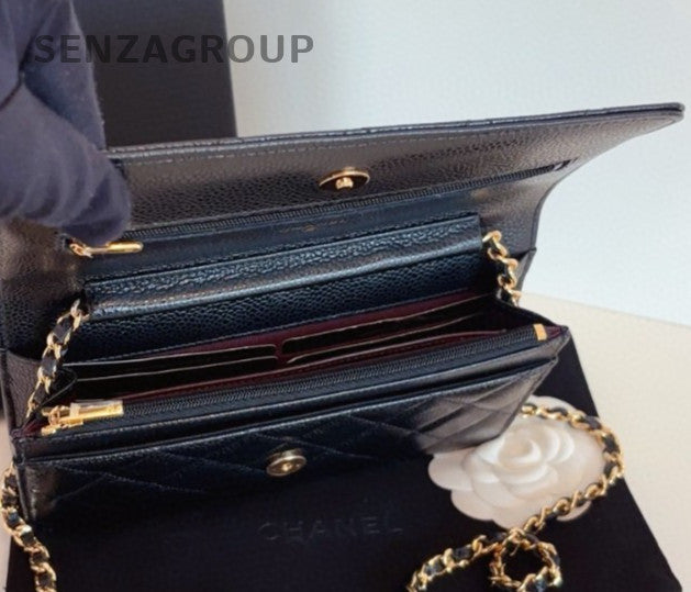 Chanel WOC Chain Shoulder Bag Crossbody Black Gold Women Classic Diamond