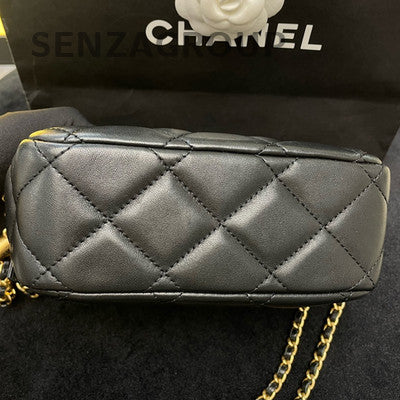 Chanel 21K Black Gold Quilted Camera Bag with Pearl Chain Strap
