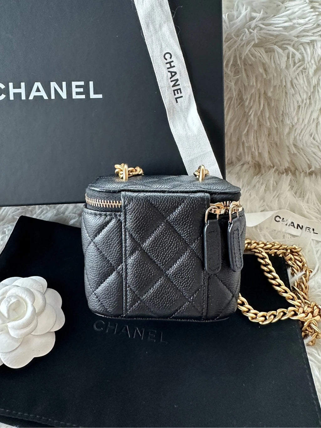 Chanel Black Leather Heart Button Mini Square Box Bag For Women