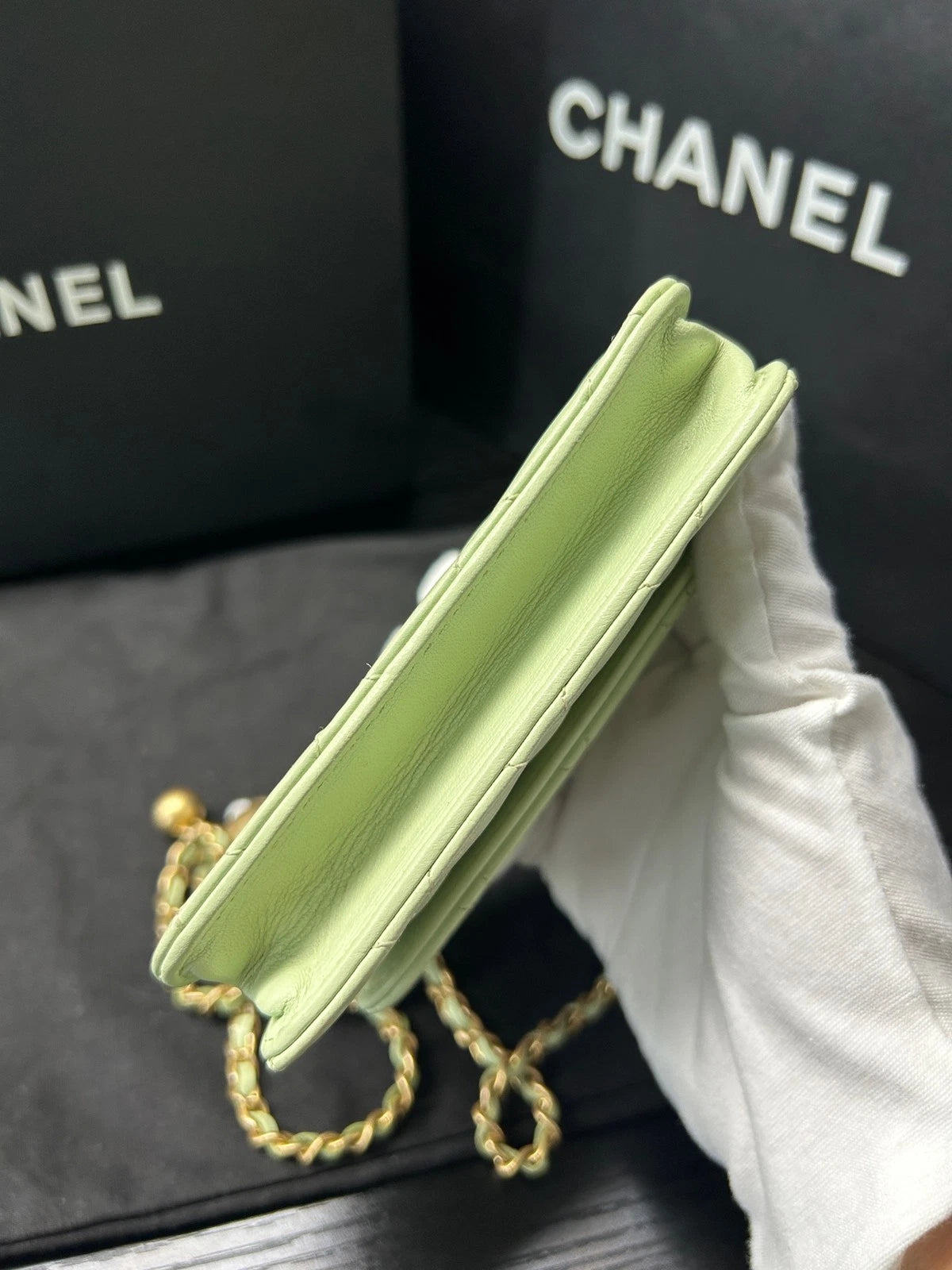 CHANEL Green Gold Ball Mini Square Chain Crossbody Bag For Women