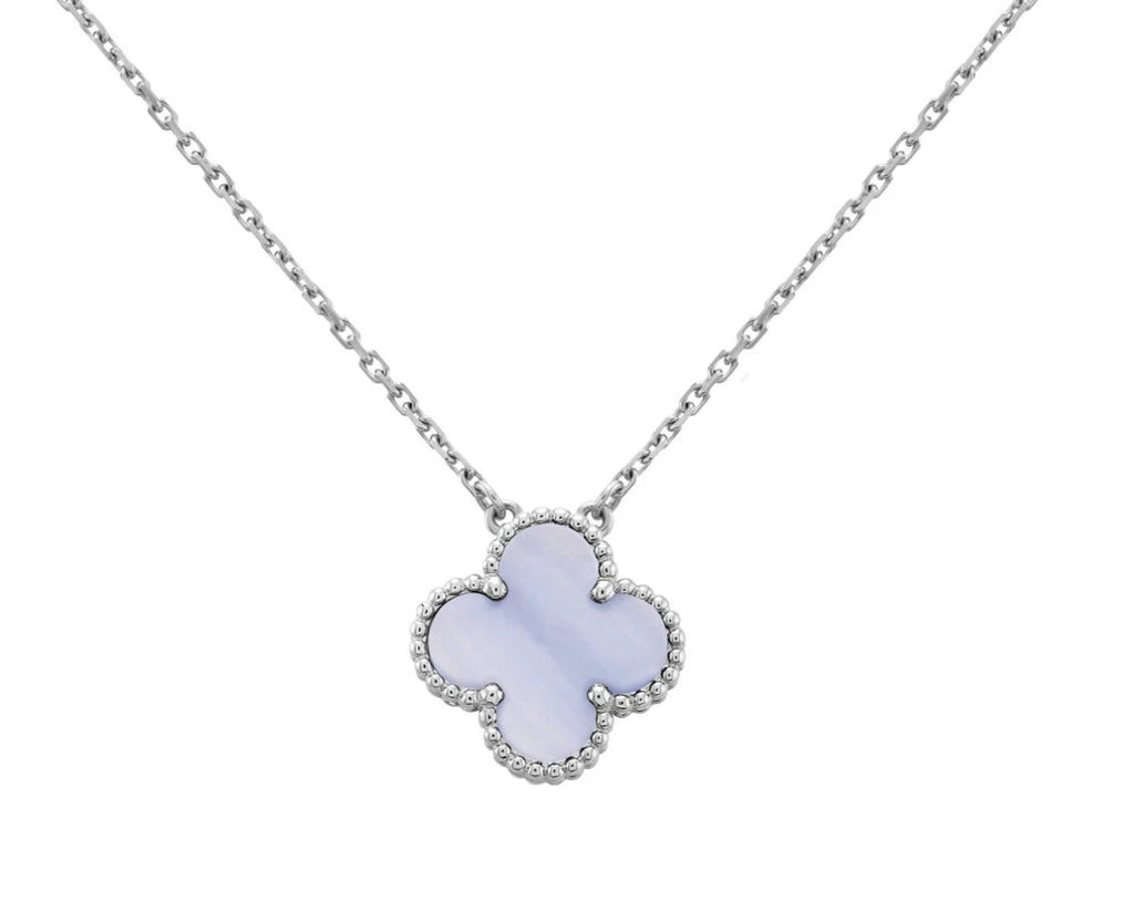 New Van Cleef &amp; Arpels Vintage Alhambra 18K White Gold Necklace Chalcedony