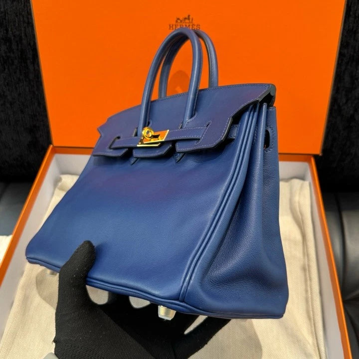 Hermes Birkin 25 Tote Swift Top Handle Bag Blue Gold Hardware Women D