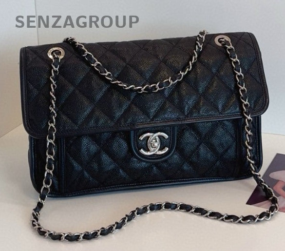 Chanel Classic Flap Calfskin Chain Shoulder Bag Black Silver Women Designer