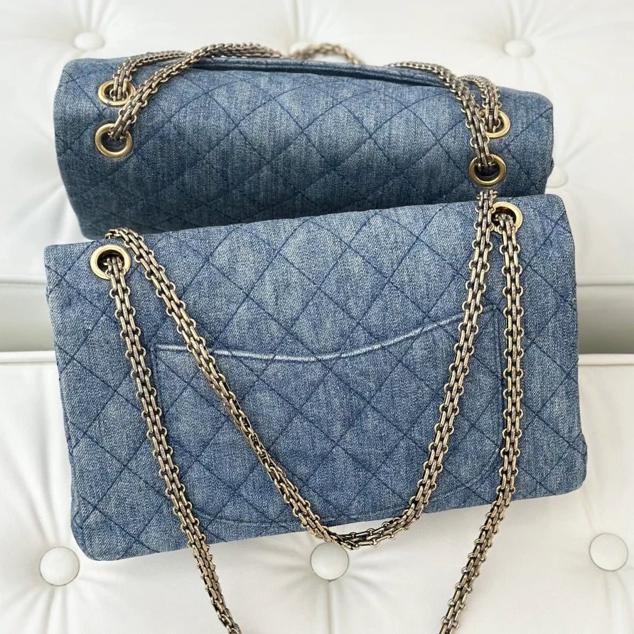 Chanel Denim Diamond Chain Shoulder Crossbody Bag Blue Gold Women S
