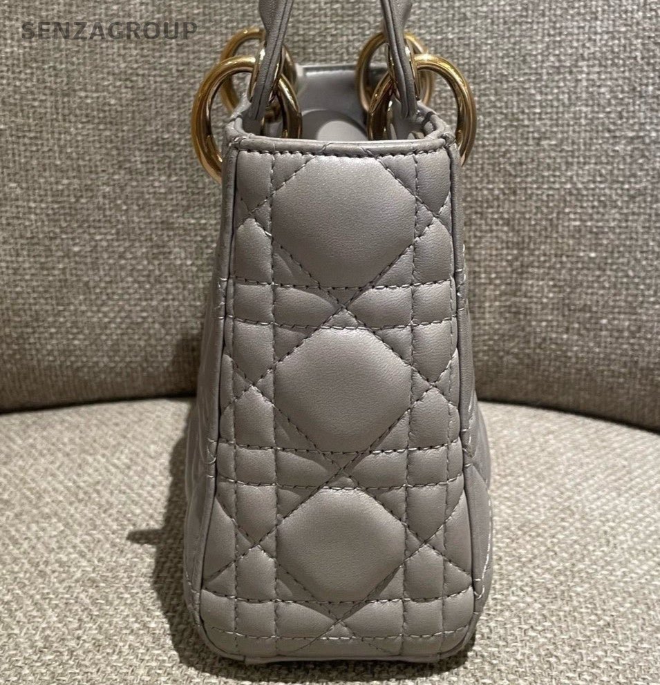 Christian Dior Lady Dior Chain Crossbody Top Handle Bag Gray Gold Women Fashion