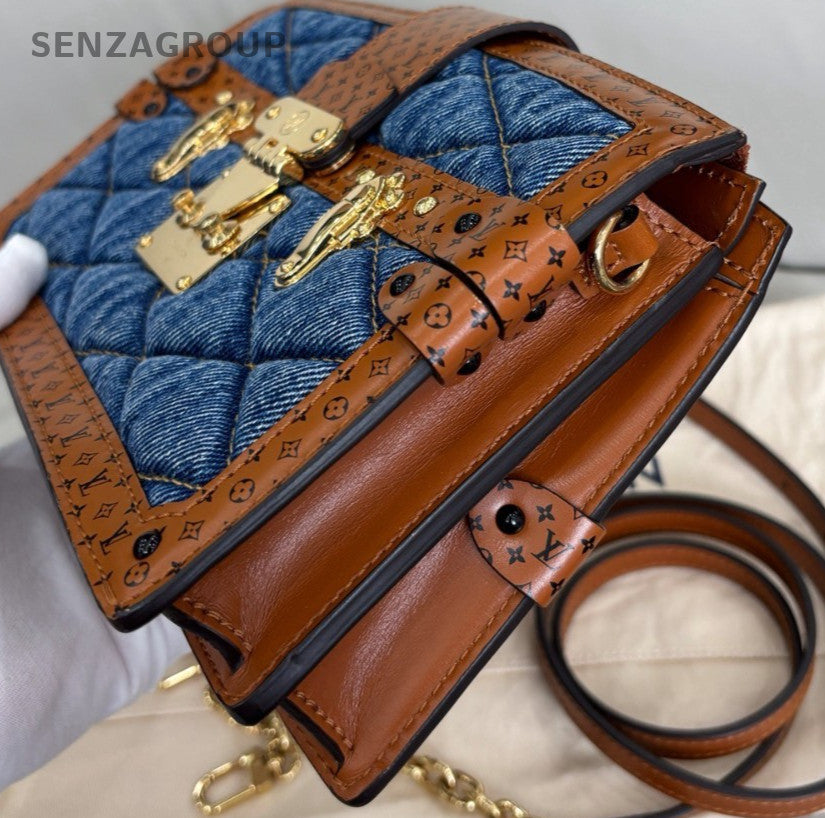 Louis Vuitton Trunk Clutch Chain Shoulder Bag Blue Gold Women Classic Fashion