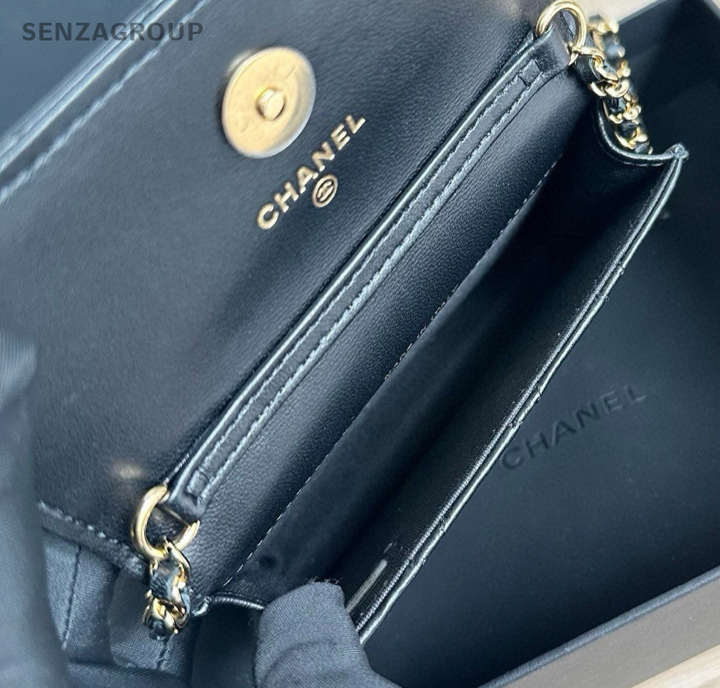 Chanel WOC Mini Lambskin Chain Shoulder Bag Crossbody Black Gold Women Classic
