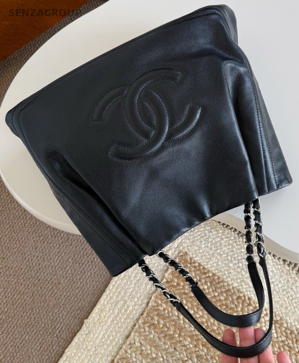 CHANEL CC Logo Relief sculpture Tote Calfskin Shoulder bag Women Black Silver