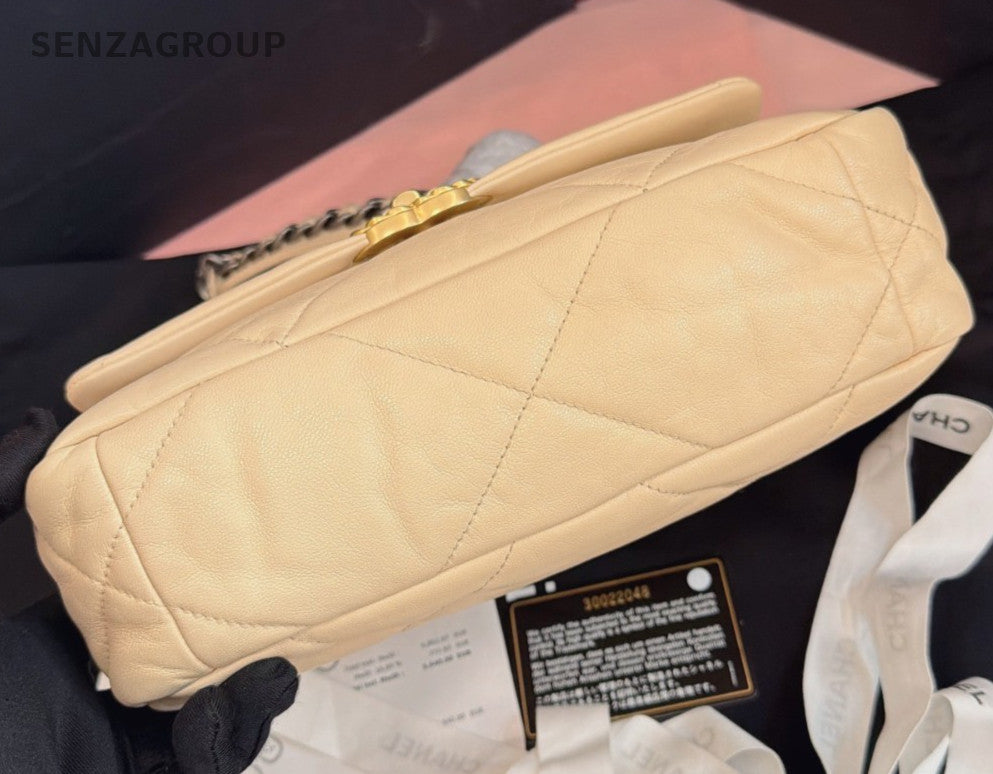 Chanel 19Bag Diamond PM Chain Shoulder Bag Beige Gold Women Classic Fashion