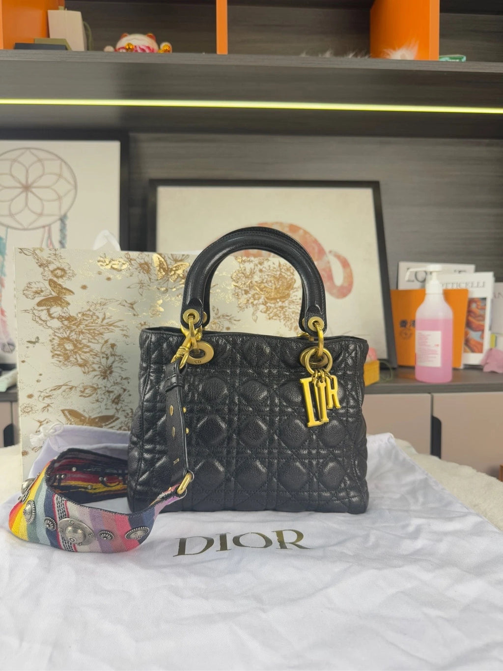 Dior Black Gold Waxed Leather 5-Grid Lady Dior Bag For Women