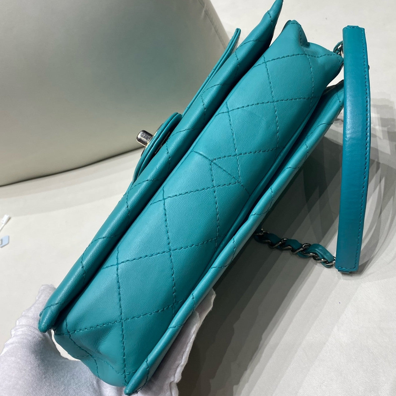 Chanel Classic Flap Quilted Chain Shoulder Bag Blue Silver