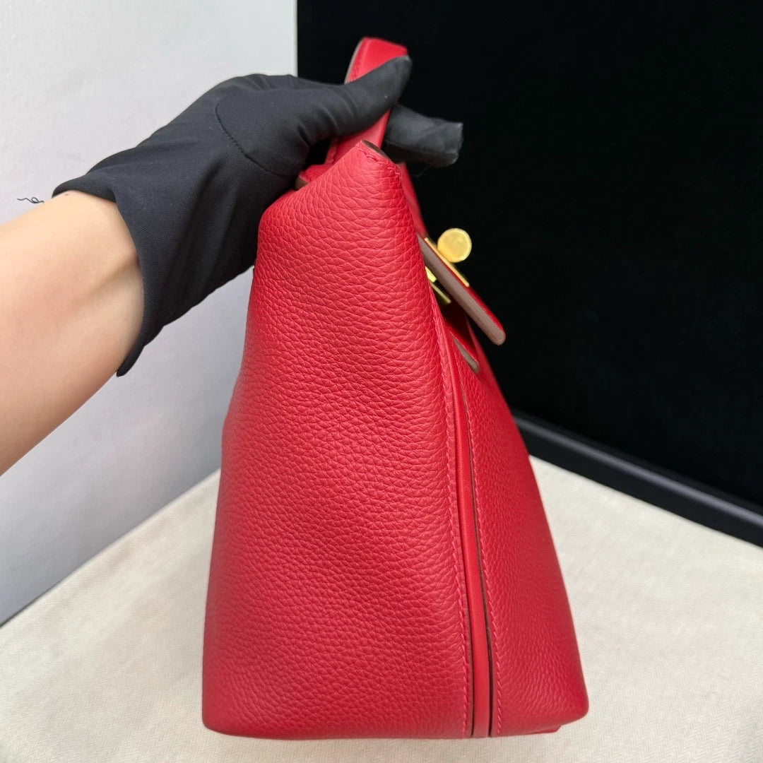 Excellent Condition Hermes 2424 2Way Red Top Handle Bag Crossbody Gold Hardware