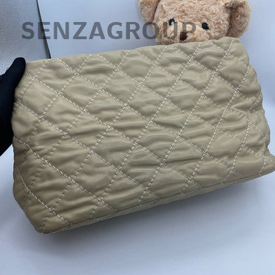 Chanel Quilted Tote Chain Shoulder Bag Beige Silver Hardware Classic