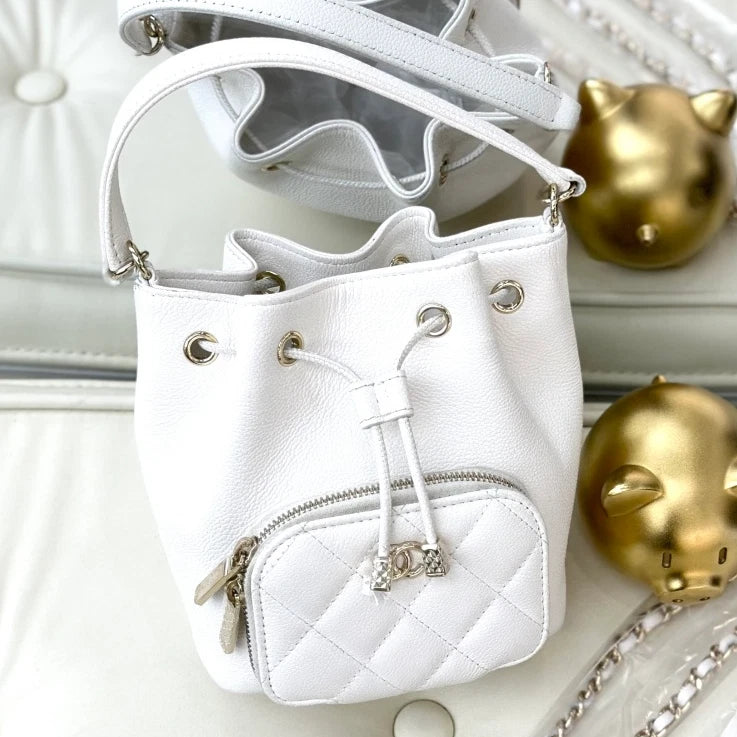 Chanel Bucket Mini Calfskin Shoulder Crossbody Bag White Gold Women Fashion S