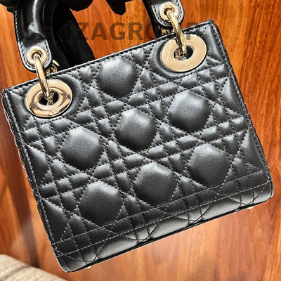 Dior Lady Dior Black Gold Cannage Handbag Classic Fashion