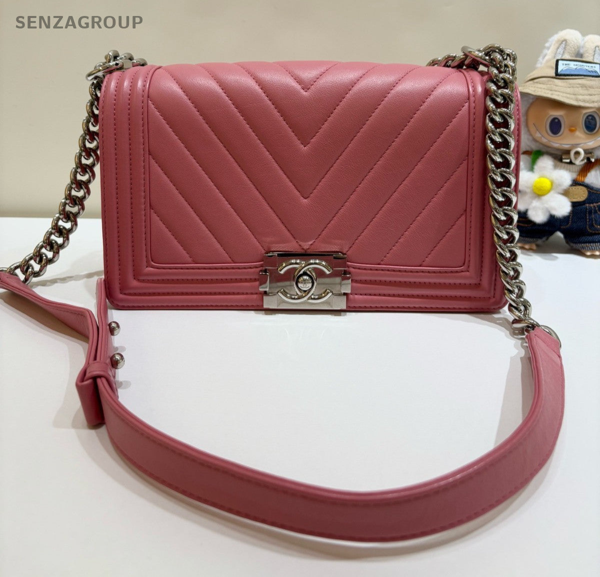CHANEL Leboy MM V-shaped pattern Calfskin Chain Shoulder bag Pink Women Classic