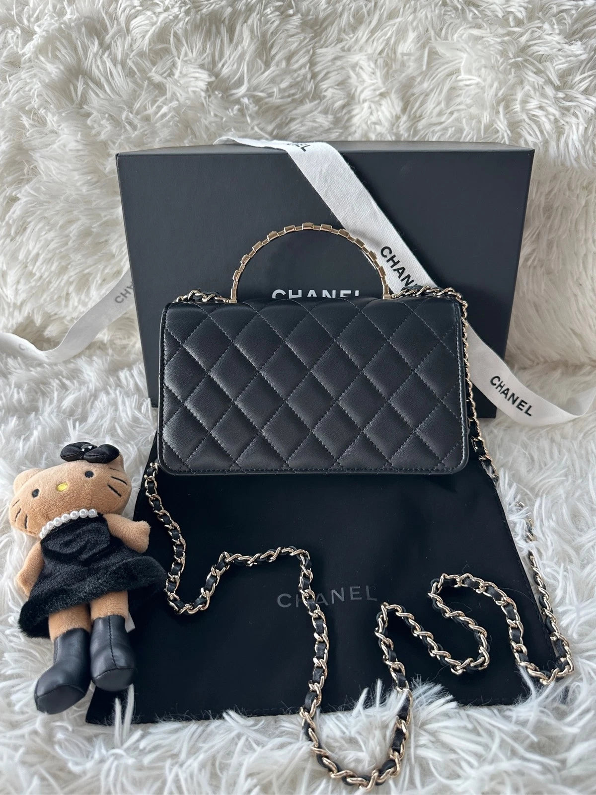 Chanel Diamond WOC Top Handle Crossbody Black Gold Women Classic