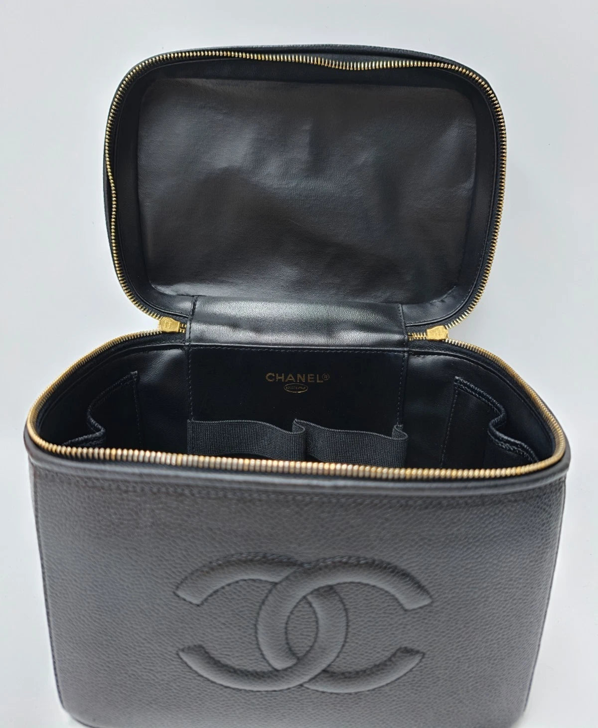 Chanel Vanity Black Gold Crossbody Top Handle Excellent