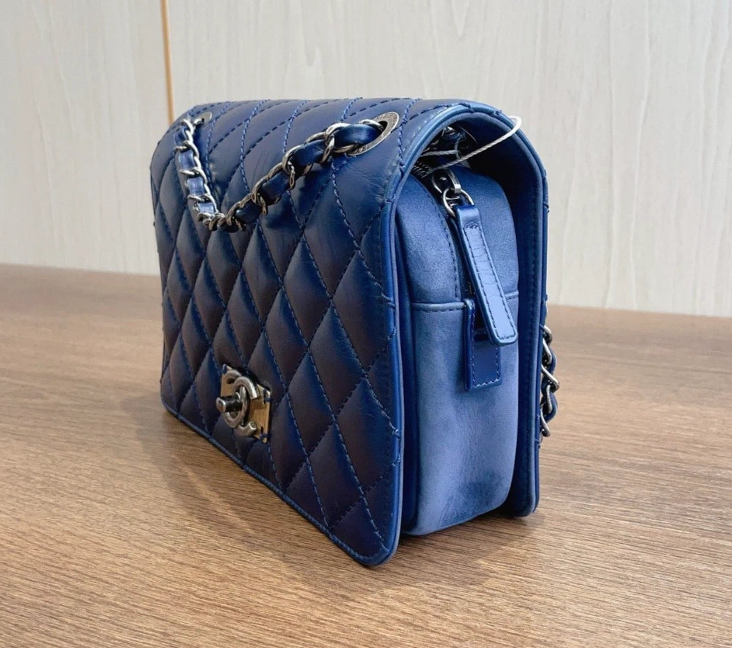 Chanel Diamond PM Turn Lock Blue Chain Sliver Hardware Shoulder Bag Women