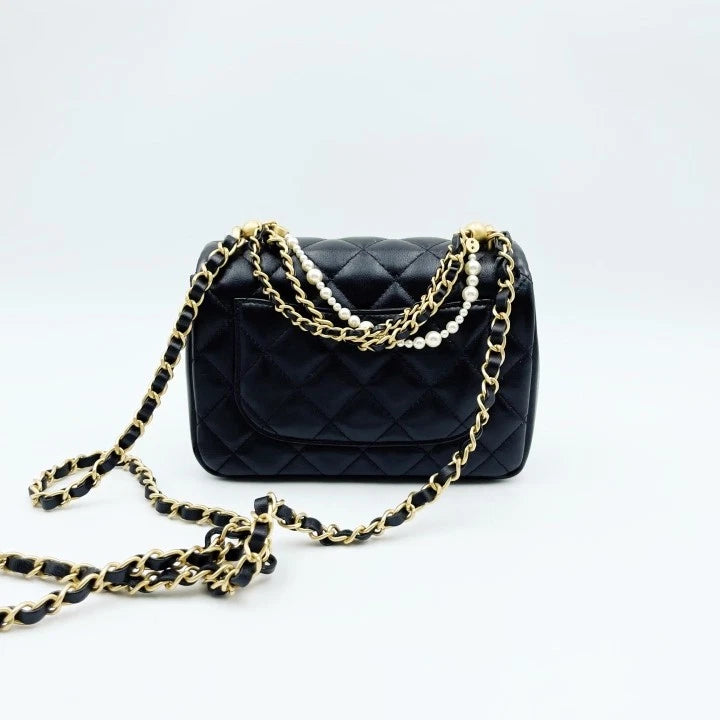 Chanel Black Gold Pearl Chain Mini Crossbody Bag For Women