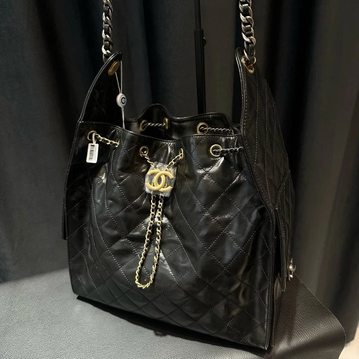 Chanel 25Bag MM Chain Calfskin Shoulder Bag Black Gold Hardware Women D