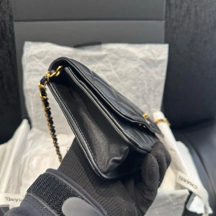 Chanel Woc Chain Lambskin Shoulder Crossbody Bag Black Gold Women D