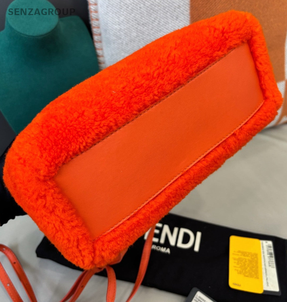 Fendi  Peekaboo PM Lambskin Top Handle Bag Crossbody Orange Silver Women