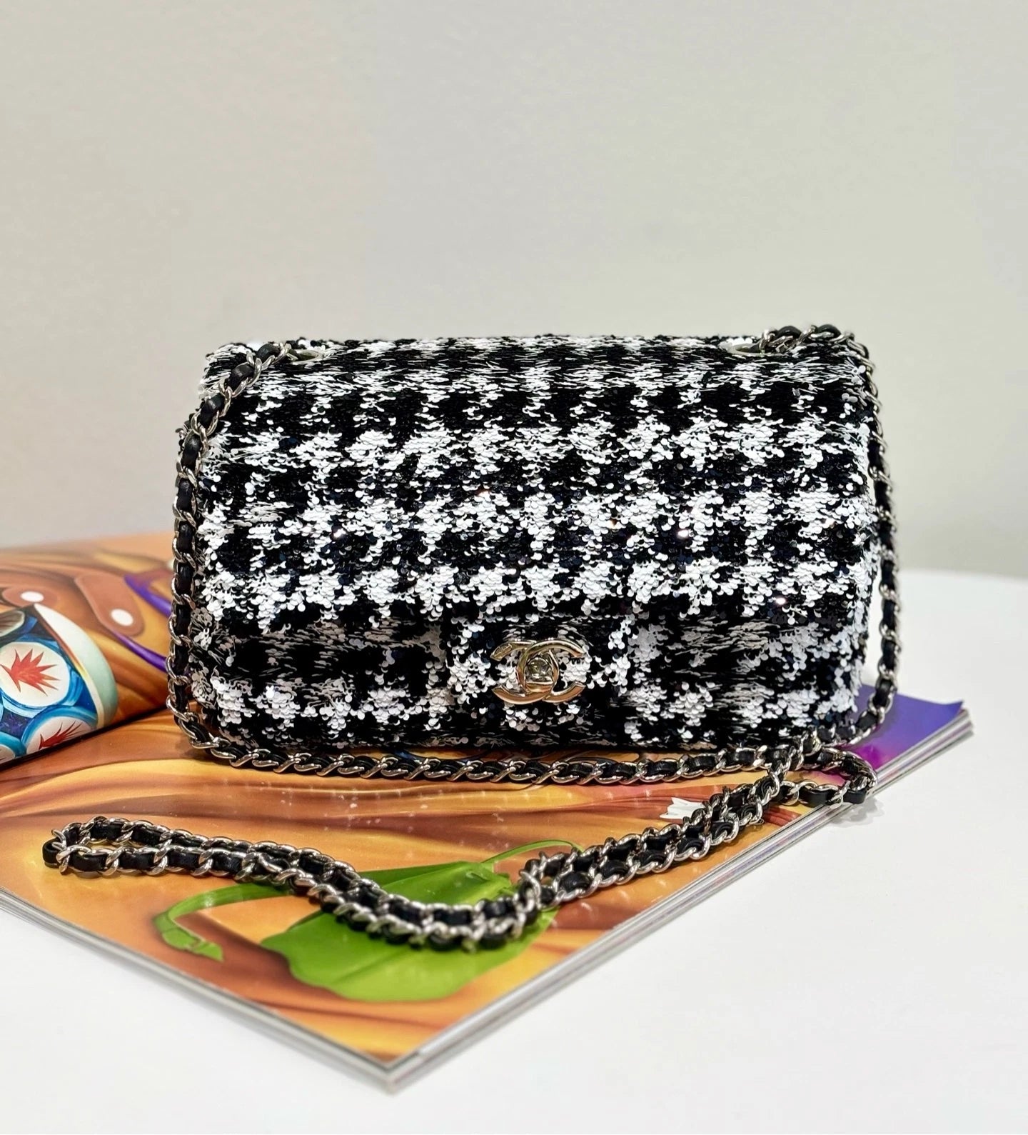 CHANEL CF Large Mini Houndstooth Sequin Shoulder Bag For Women