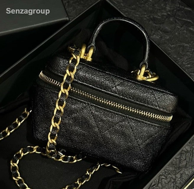 Chanel Diamond Mini Top Handle Chain Crossbody Black Gold Women Classic
