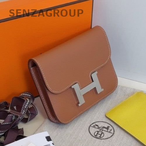 Hermes Constance Slim Wallet Chain Crossbody Brown Silver Women Designer Classic