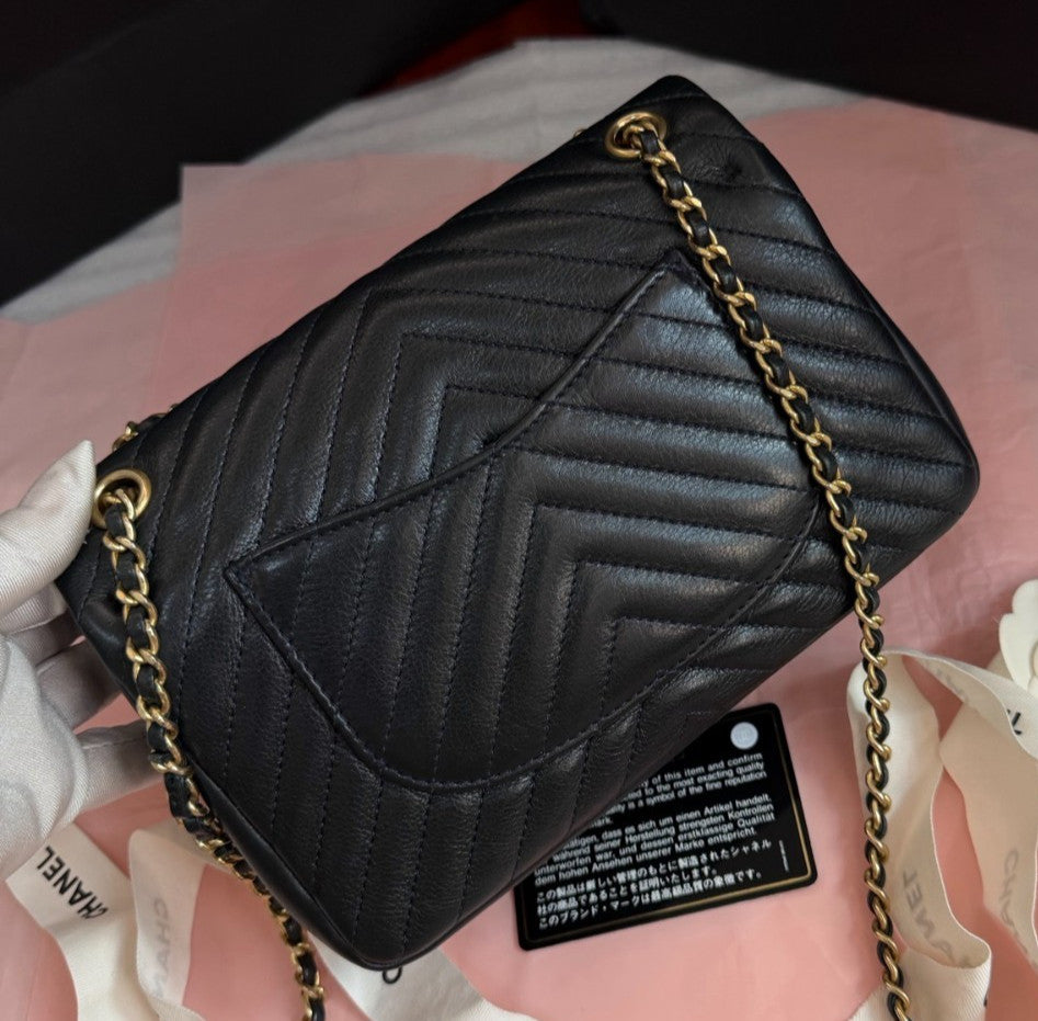 Chanel Classic Flap Mini Calfskin Chain Shoulder Bag Black Gold Women Chevron