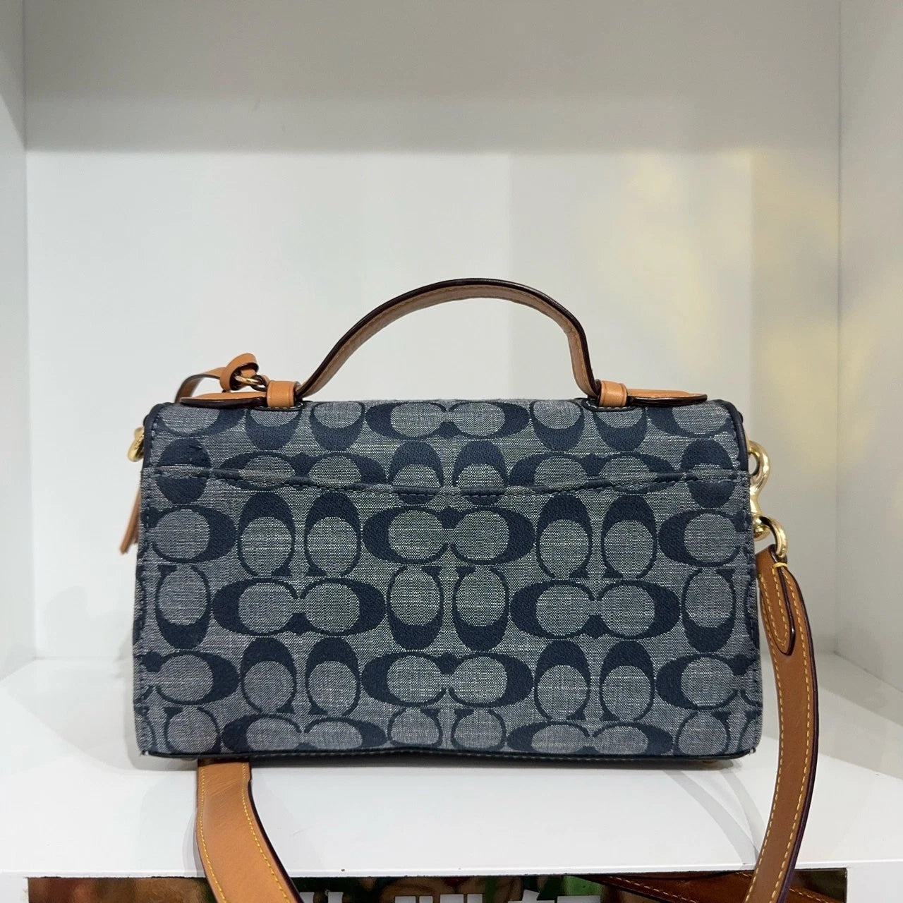 Coach Women's Denim Blue Logo Print Flap Shoulder Crossbody Handbag Medium