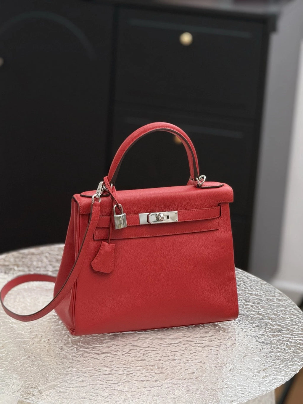 Hermes Kelly28 Evercolor Top Handle Bag Crossbody Red Silver Classic Women