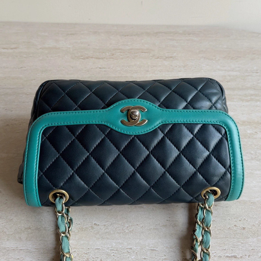 Chanel Classic Flap Lambskin Silver Chain Shoulder Bag Crossbody Navy Green