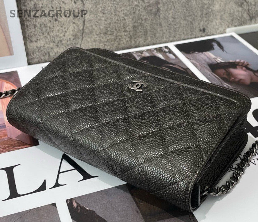 Chanel WOC Diamond Chain Shoulder Bag Crossbody Black Silver Women Classic