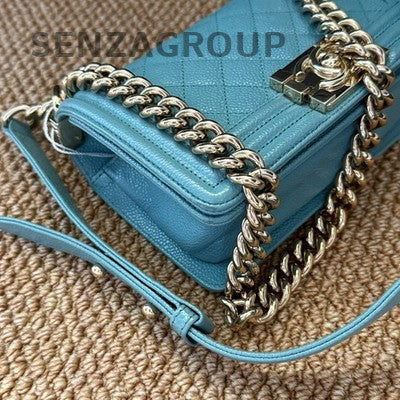 Chanel Lambskin Small Boy Bag Blue Gold Chain Crossbody Shoulder Bag