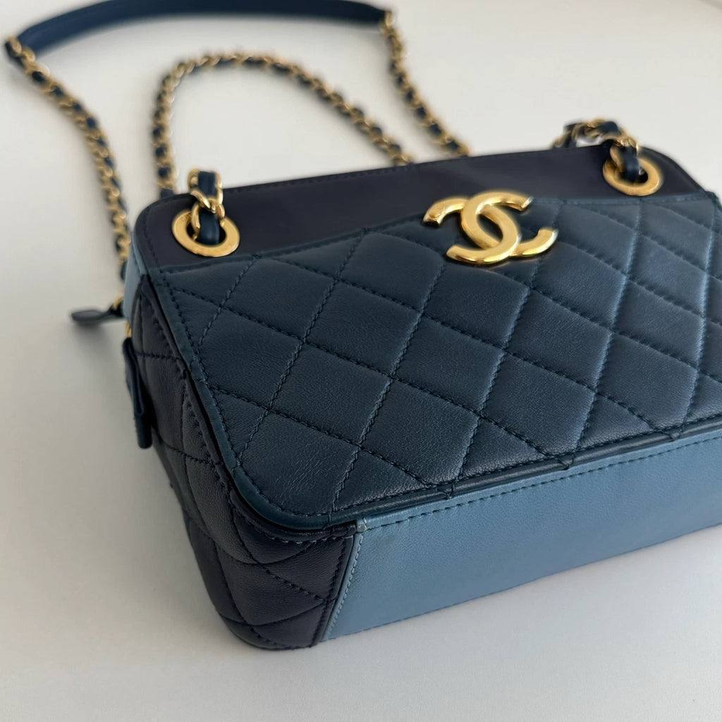 Chanel Diamond Camera Bag Double Chain Blue Shoulder Bag Gold Hardware