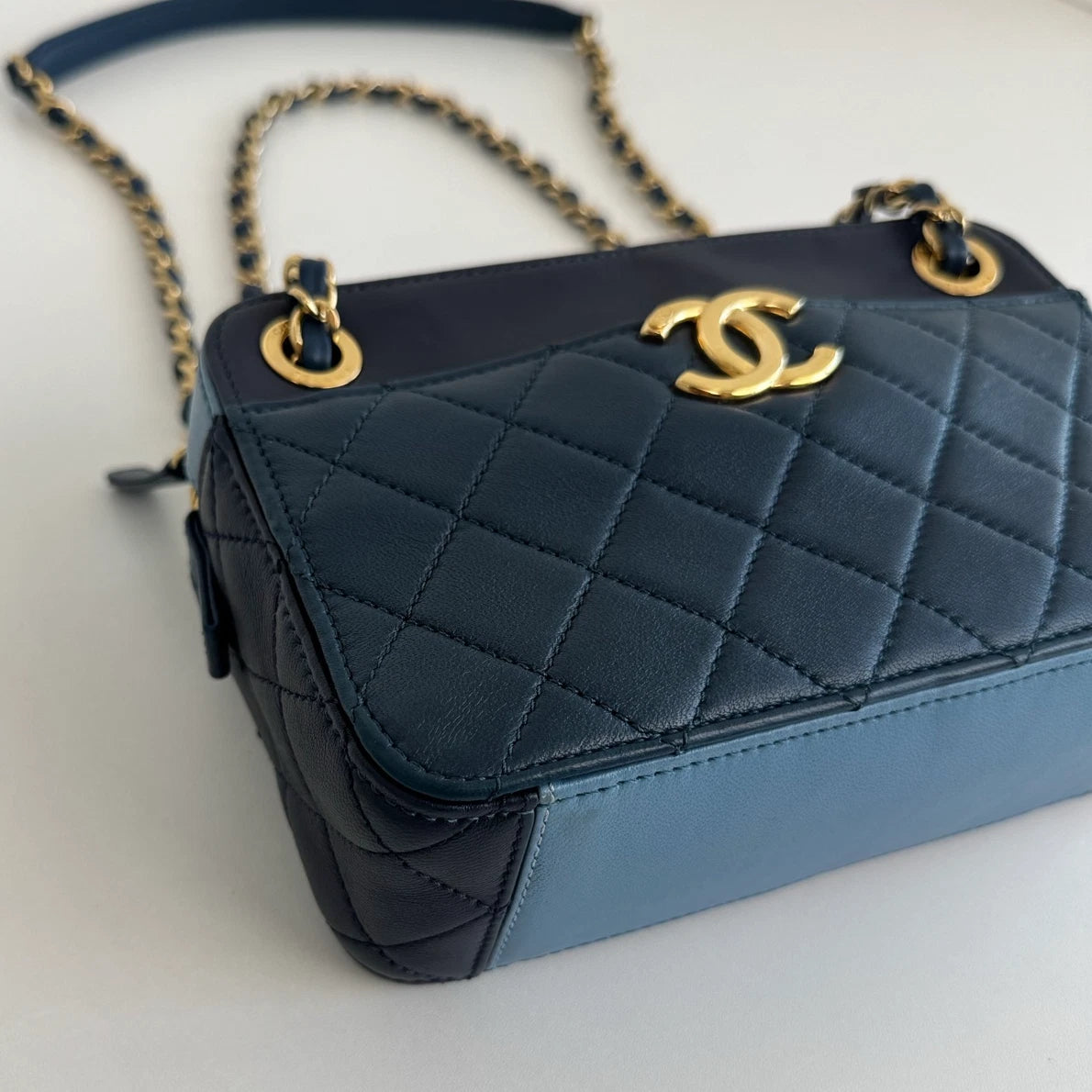 Chanel Diamond Camera Bag Double Chain Blue Shoulder Bag Gold Hardware